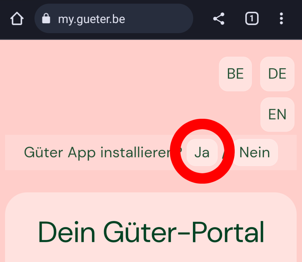 Bildschirmfoto von my.gueter.be, welches den Banner zum installieren der Güter App zeigt.